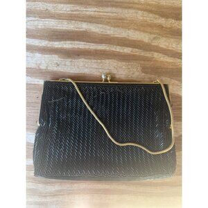 Vintage Black Beaded Evening Clutch Purse With Gold Chain Strap & Rhinestone Cla